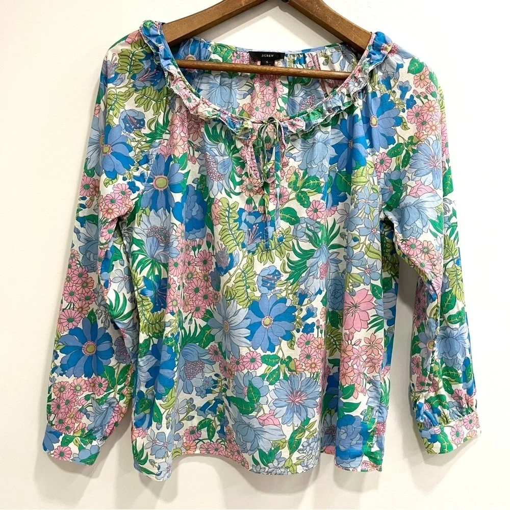 J. Crew Organic Cotton Tie Front Ruffle Top in Fairy Floral A2851 Small